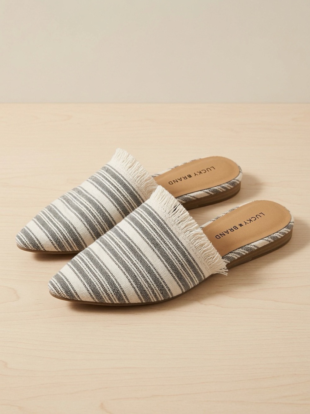 Lucky Brand Striped Fringe Pointed Mules in Cream and Gray